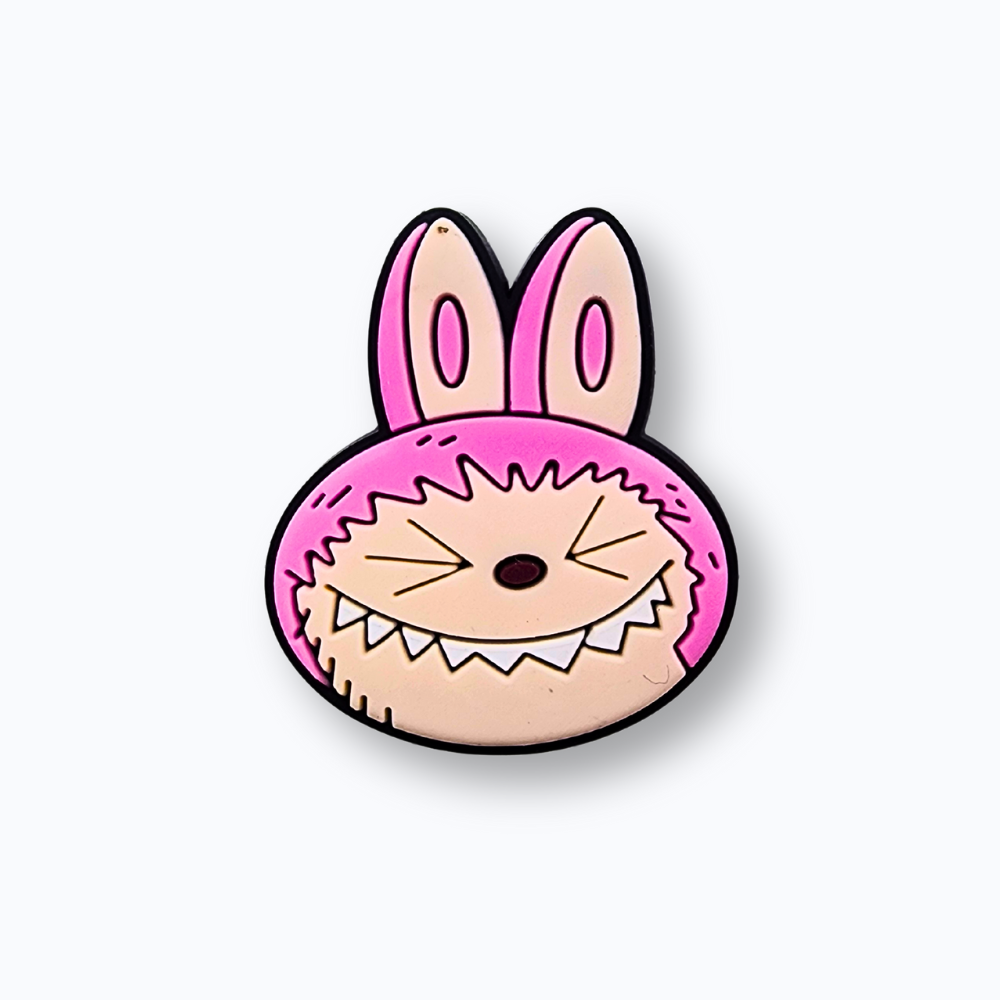 Cartoonish character with pink bunny ears on a white background